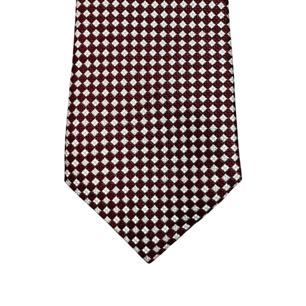 Canali Mens Burgundy White Diamond Geometric Silk Necktie Made in Italy 59x3.5